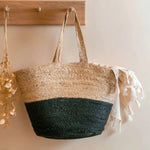 Load image into Gallery viewer, Black Colour Block Jute Basket Bag
