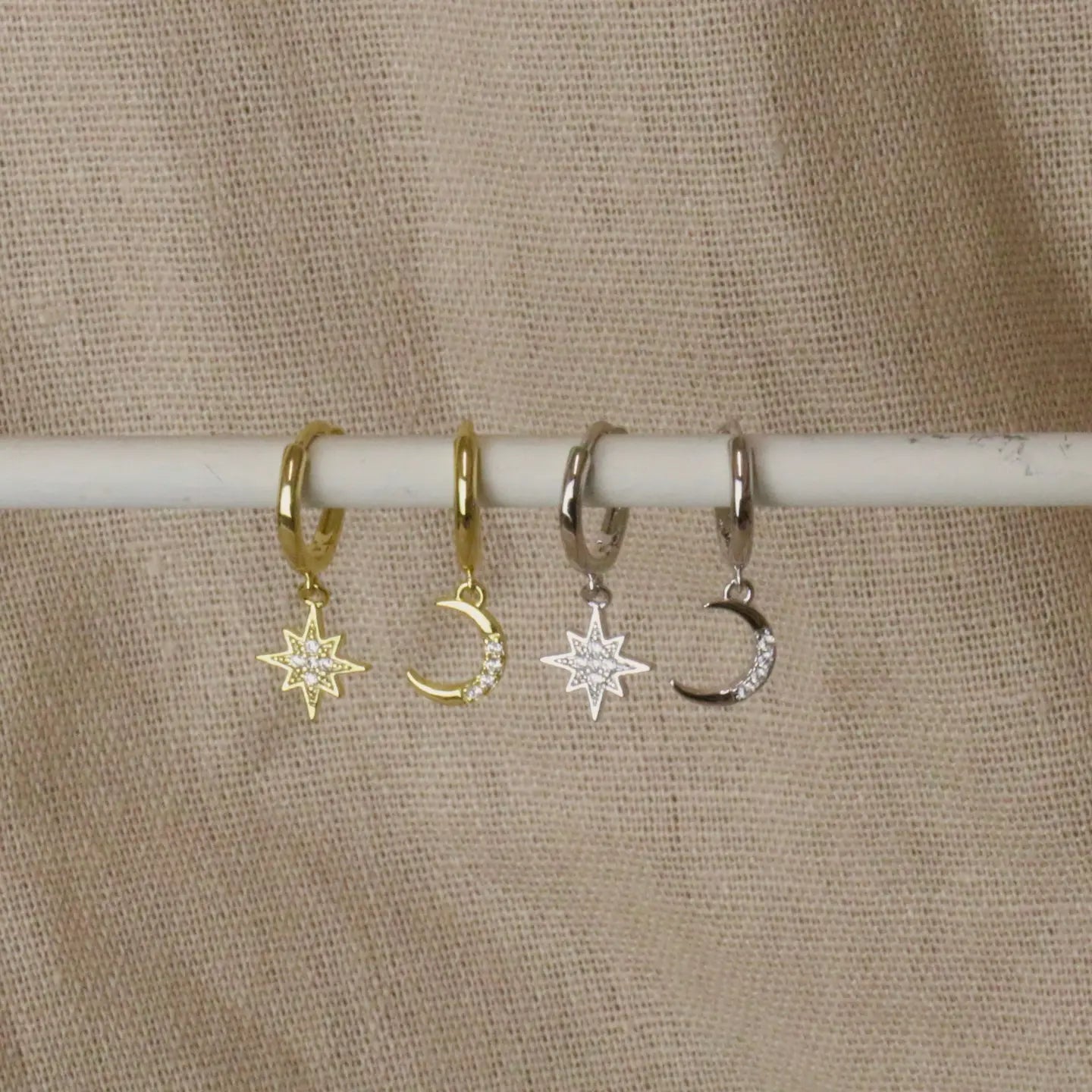 Moon & Star Huggie Hoop Earrings - gold / silver