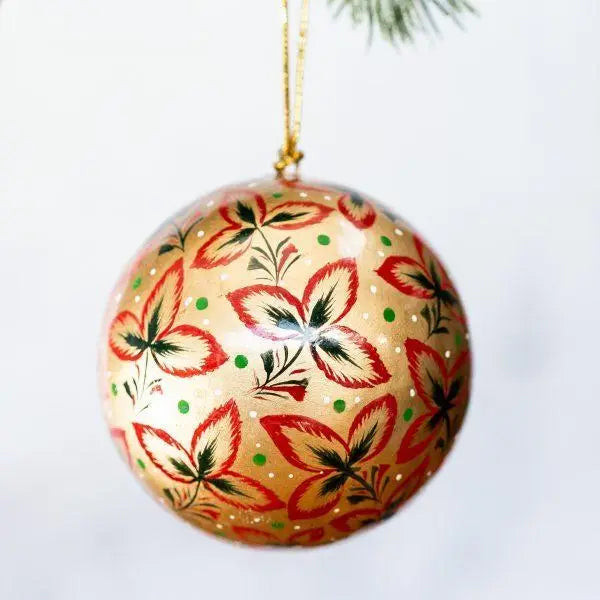 Gold with Red Tri Leaf Paper Mache Christmas Tree Bauble
