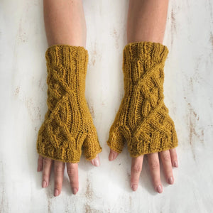 Cable Knit Wristwarmer Mitts - mustard