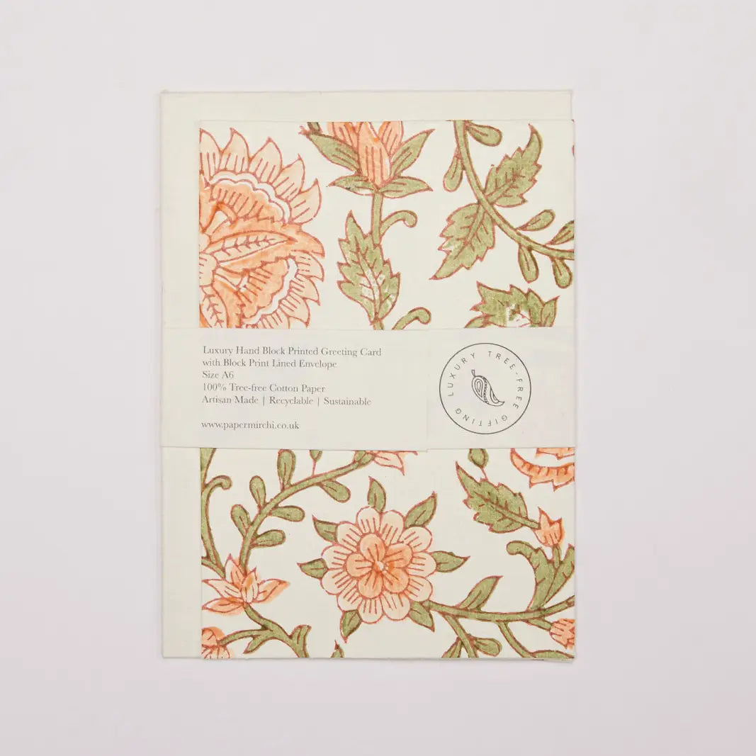 Flora Coral Hand Block Printed Greeting Card