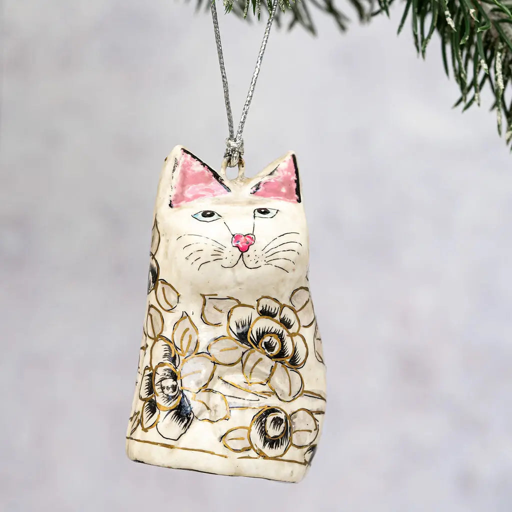 Floral Paper Mache Hanging Cat Ornament