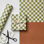 Load image into Gallery viewer, Green Checkerboard &amp; Plain Cinnamon Gift Wrap
