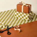 Load image into Gallery viewer, Green Checkerboard &amp; Plain Cinnamon Gift Wrap
