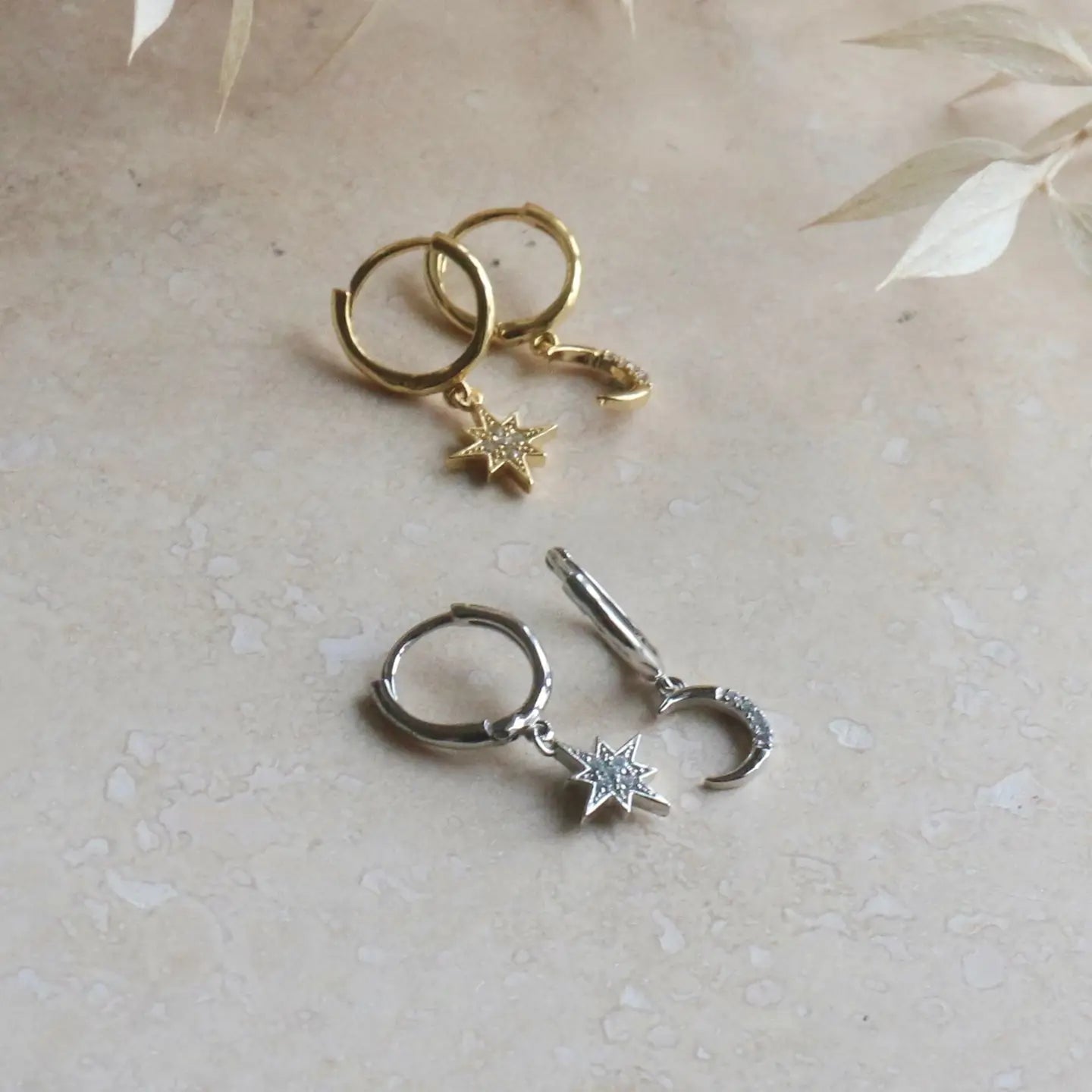 Moon & Star Huggie Hoop Earrings - gold / silver