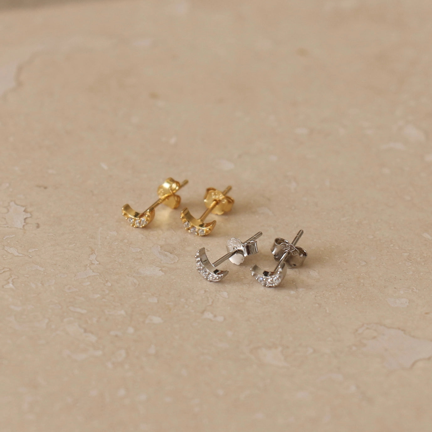 Mini Diamante Moon Stud Earrings - gold / silver