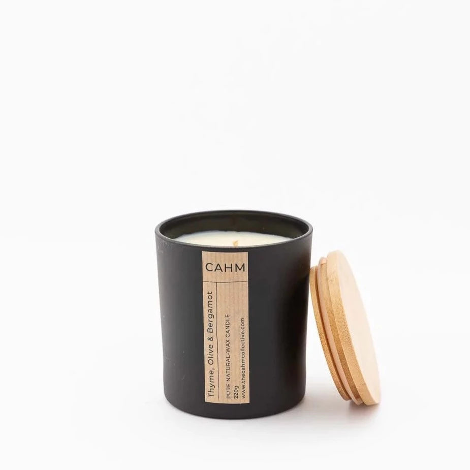 Thyme, Olive & Bergamot Black Glass Candle