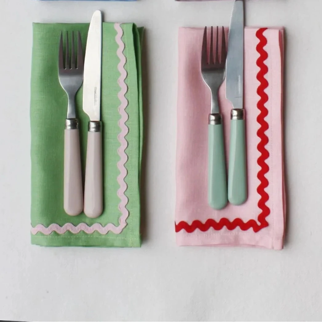Green & Pink Linen Ric-Rac Napkin - Set of 2
