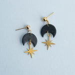 Load image into Gallery viewer, Celestial Gold Star Drop Earrings - midnight black
