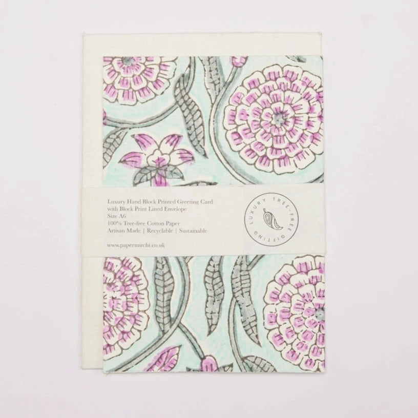 Rajmala Teal Hand Block Printed Greeting Card