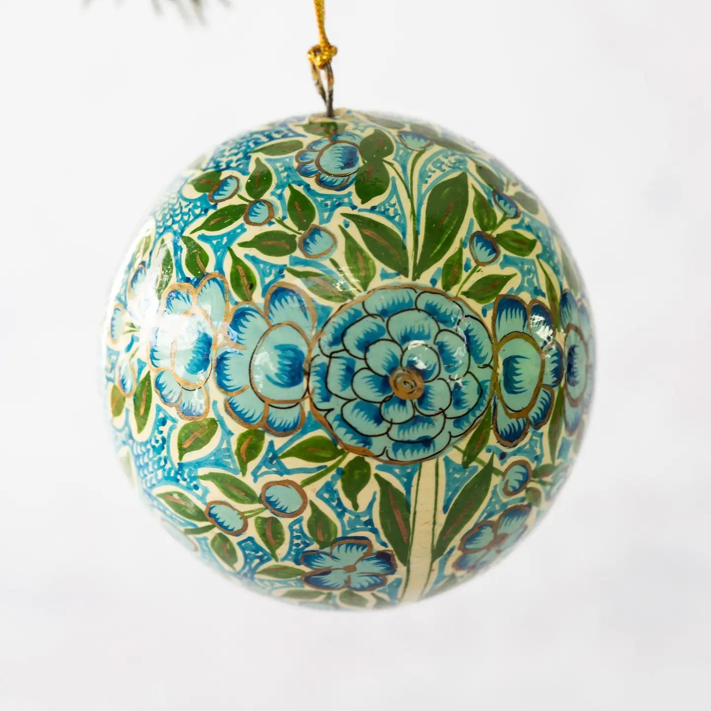 Turquoise & Green Floral Paper Mache Christmas Tree Bauble