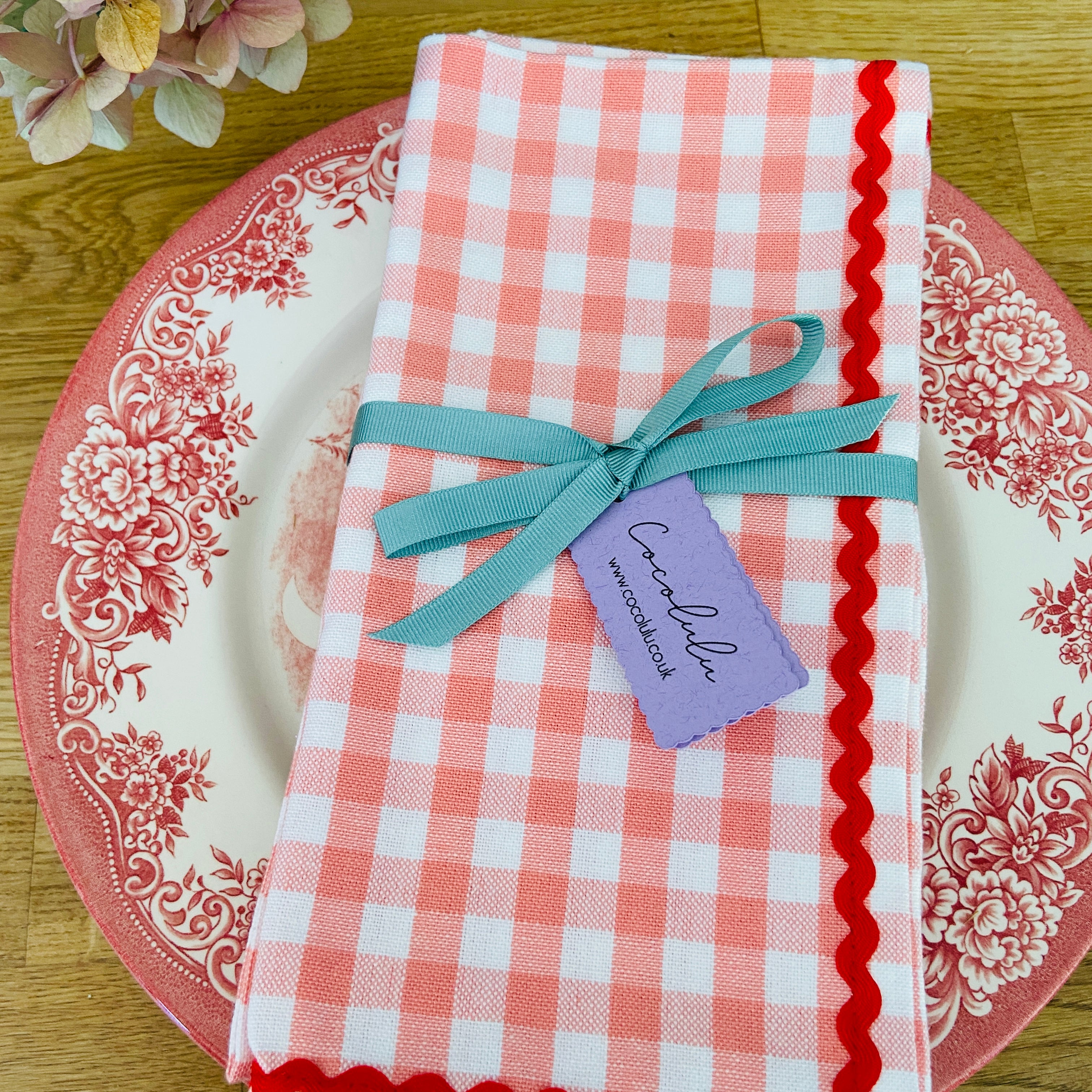 Peach Gingham & Red Ric-Rac Napkin set of 2