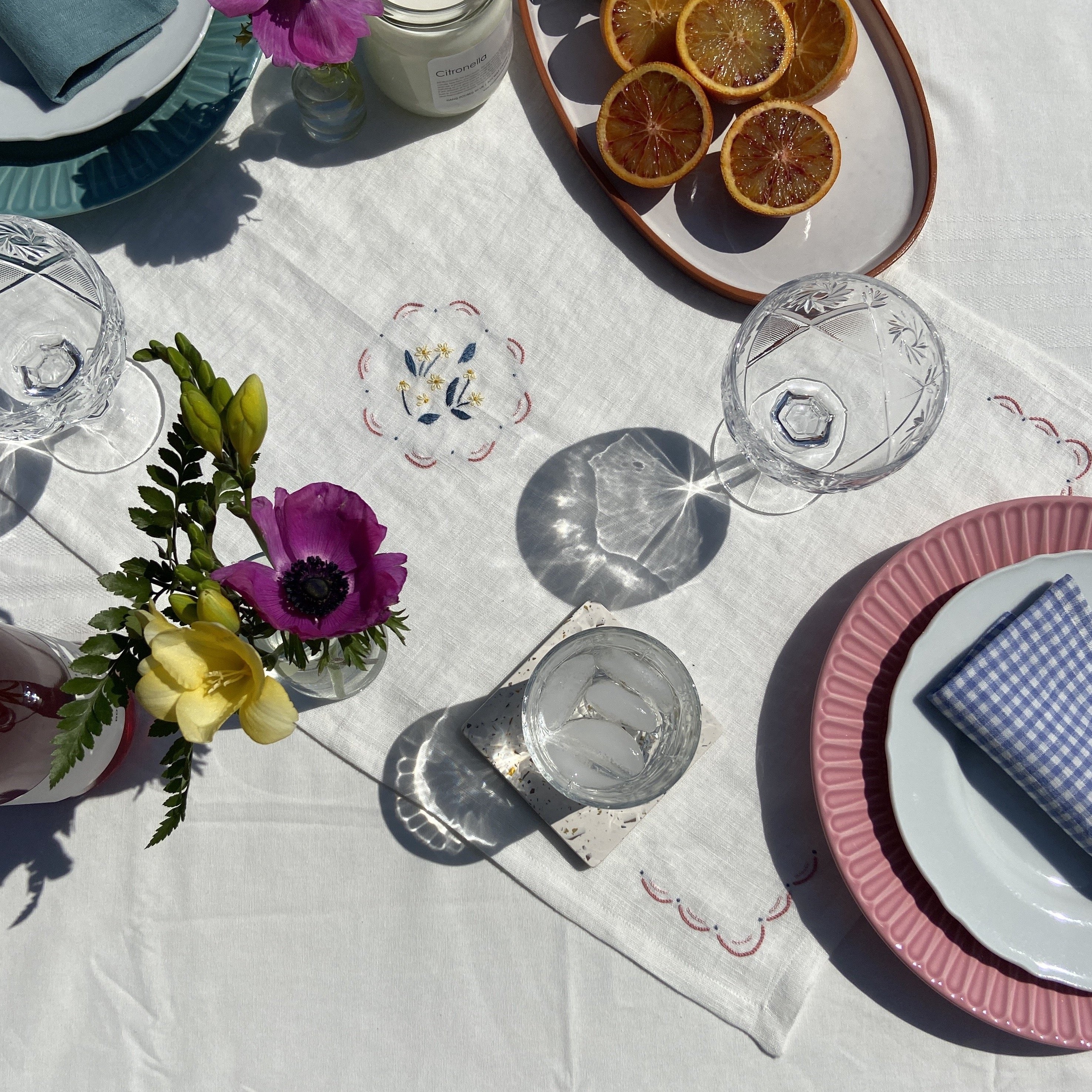 Hand Embroidered Linen Table Runner - White Floral Design