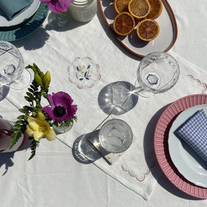 Hand Embroidered Linen Table Runner - White Floral Design