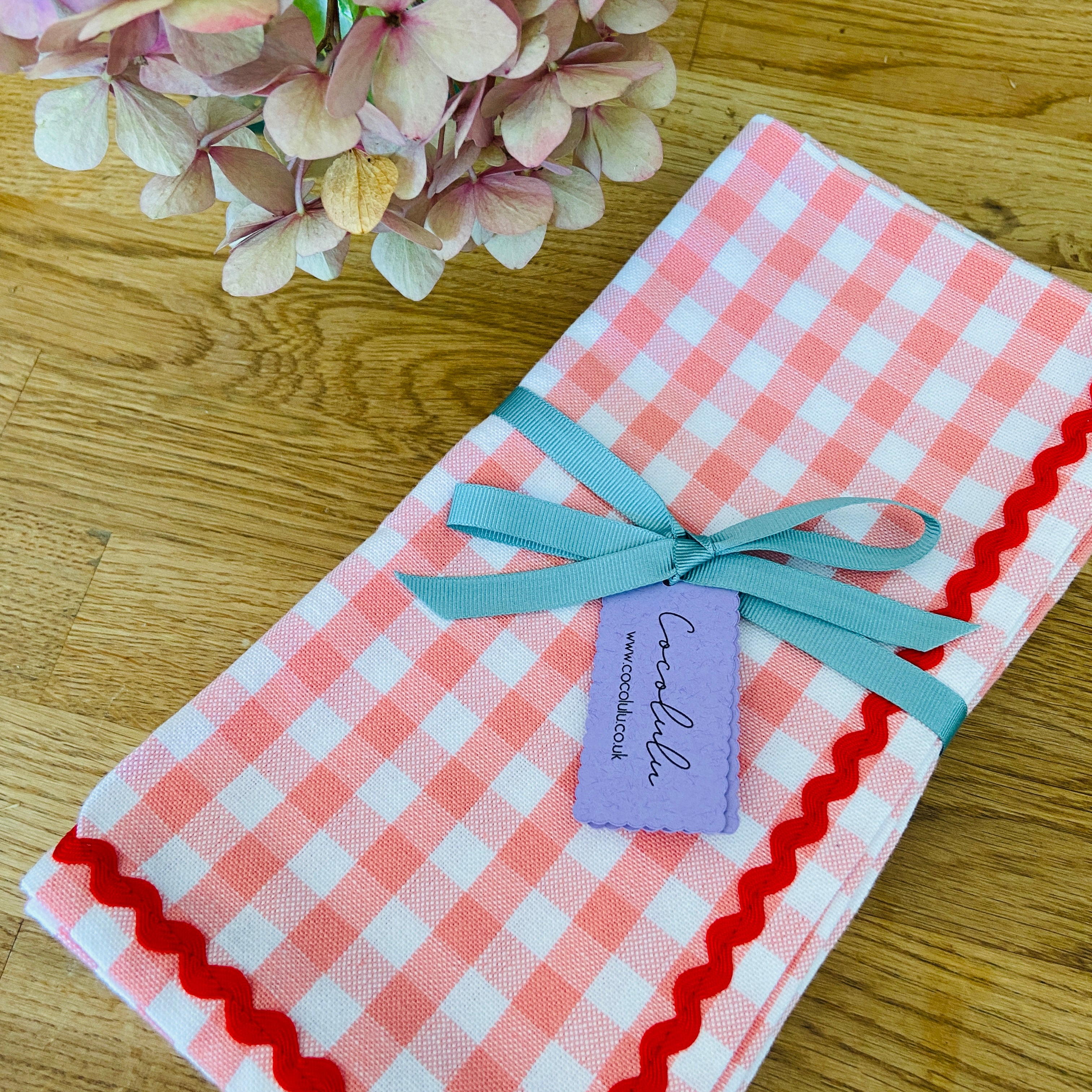 Peach Gingham & Red Ric-Rac Napkin set of 2