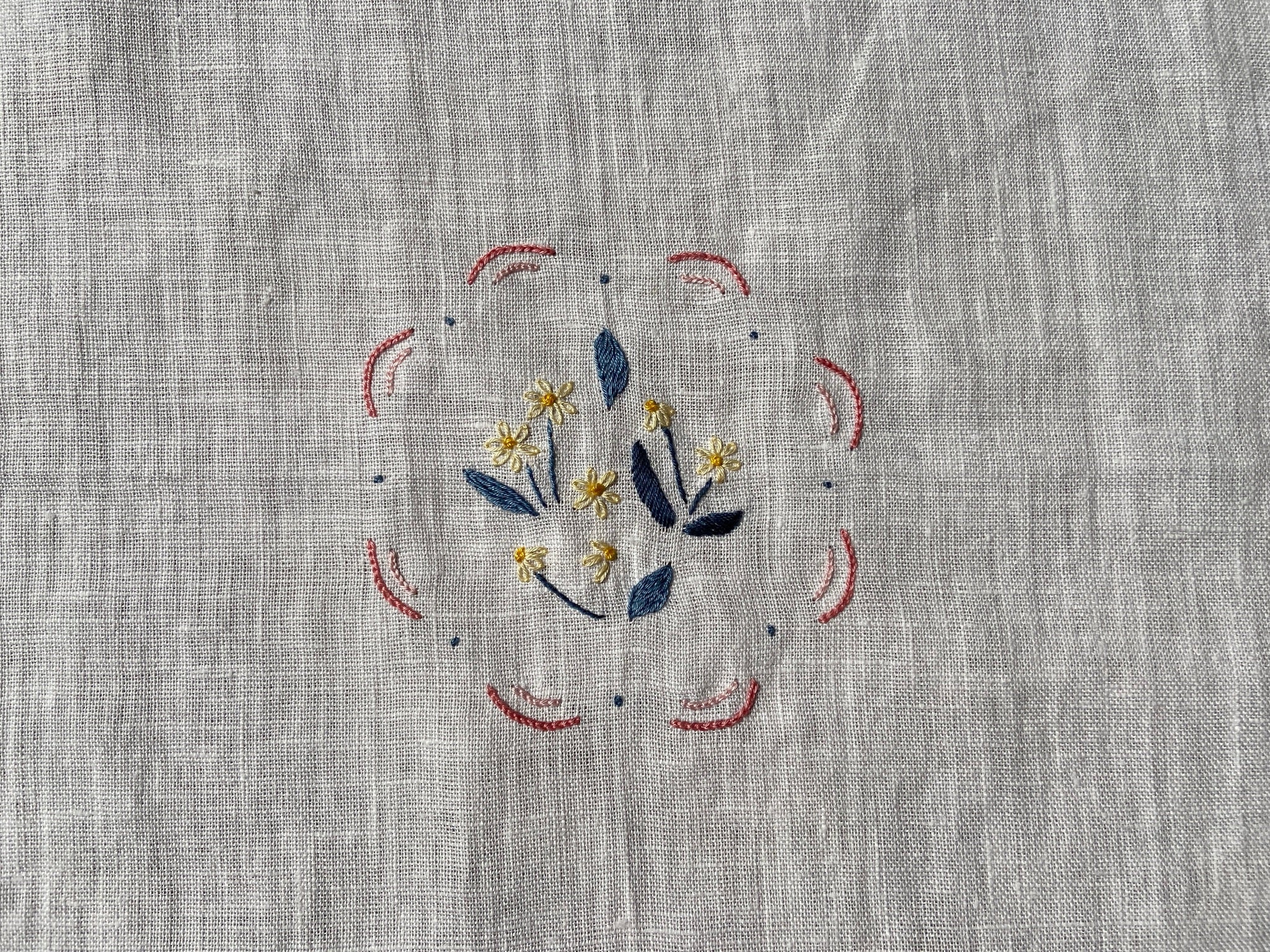 Hand Embroidered Linen Table Runner - White Floral Design