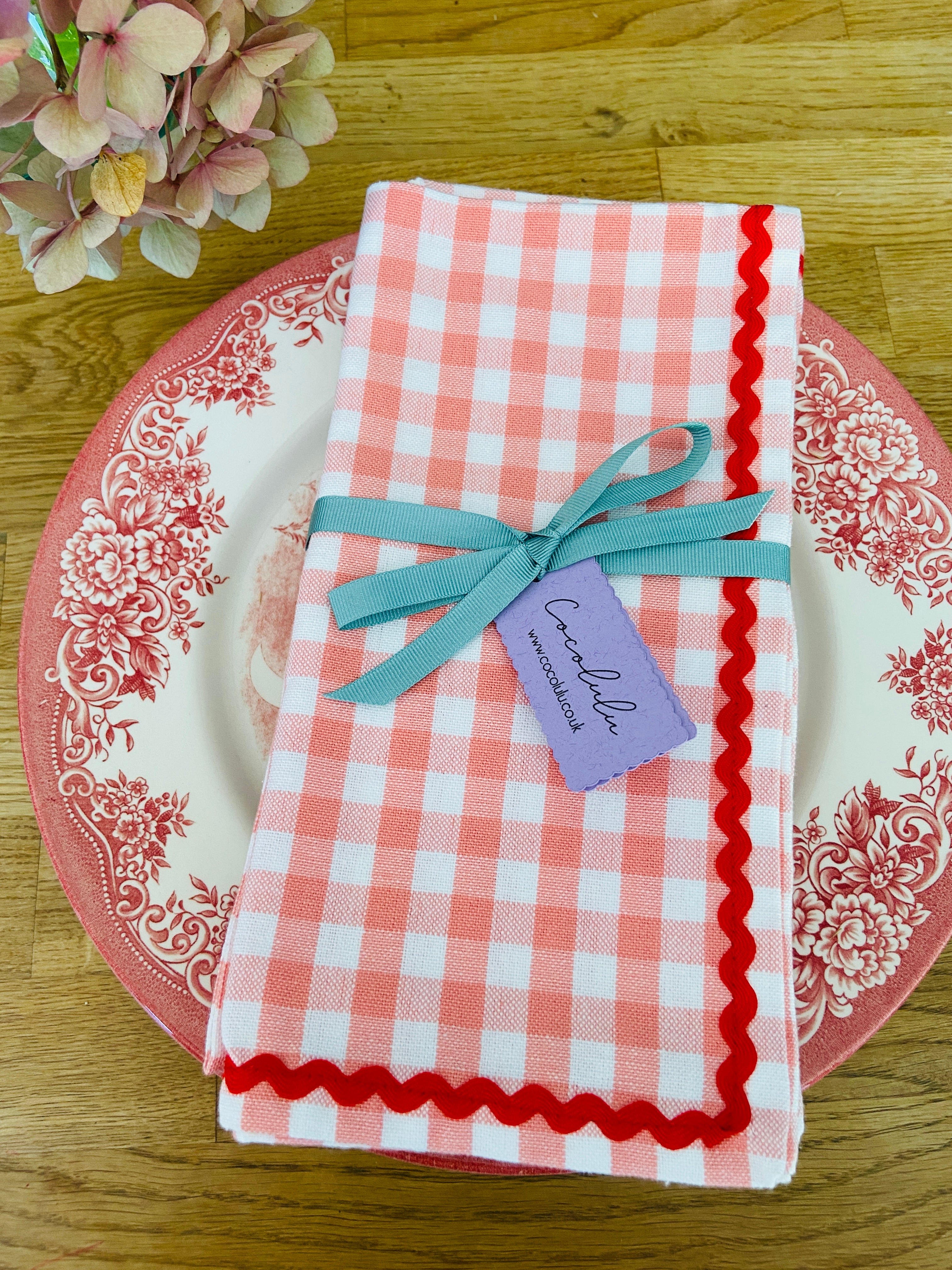 Peach Gingham & Red Ric-Rac Napkin set of 2
