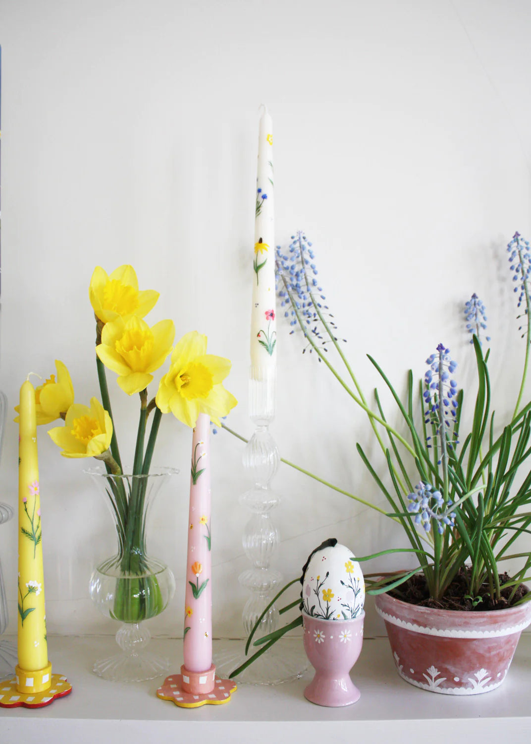 Pink Daffodils & Tulips Hand Painted Candle - pair