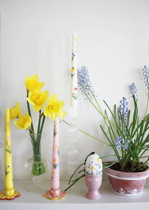 Pink Daffodils & Tulips Hand Painted Candle - pair