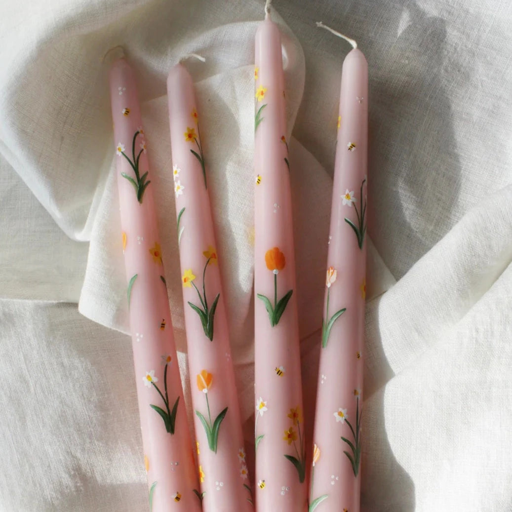 Pink Daffodils & Tulips Hand Painted Candle - pair