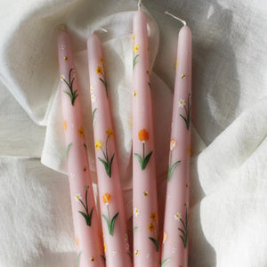 Pink Daffodils & Tulips Hand Painted Candle - pair