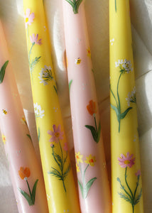 Pink Daffodils & Tulips Hand Painted Candle - pair