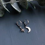 Load image into Gallery viewer, Mini Hoop Moon &amp; Star Earrings - Silver

