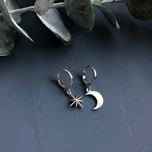 Mini Hoop Moon & Star Earrings - Silver