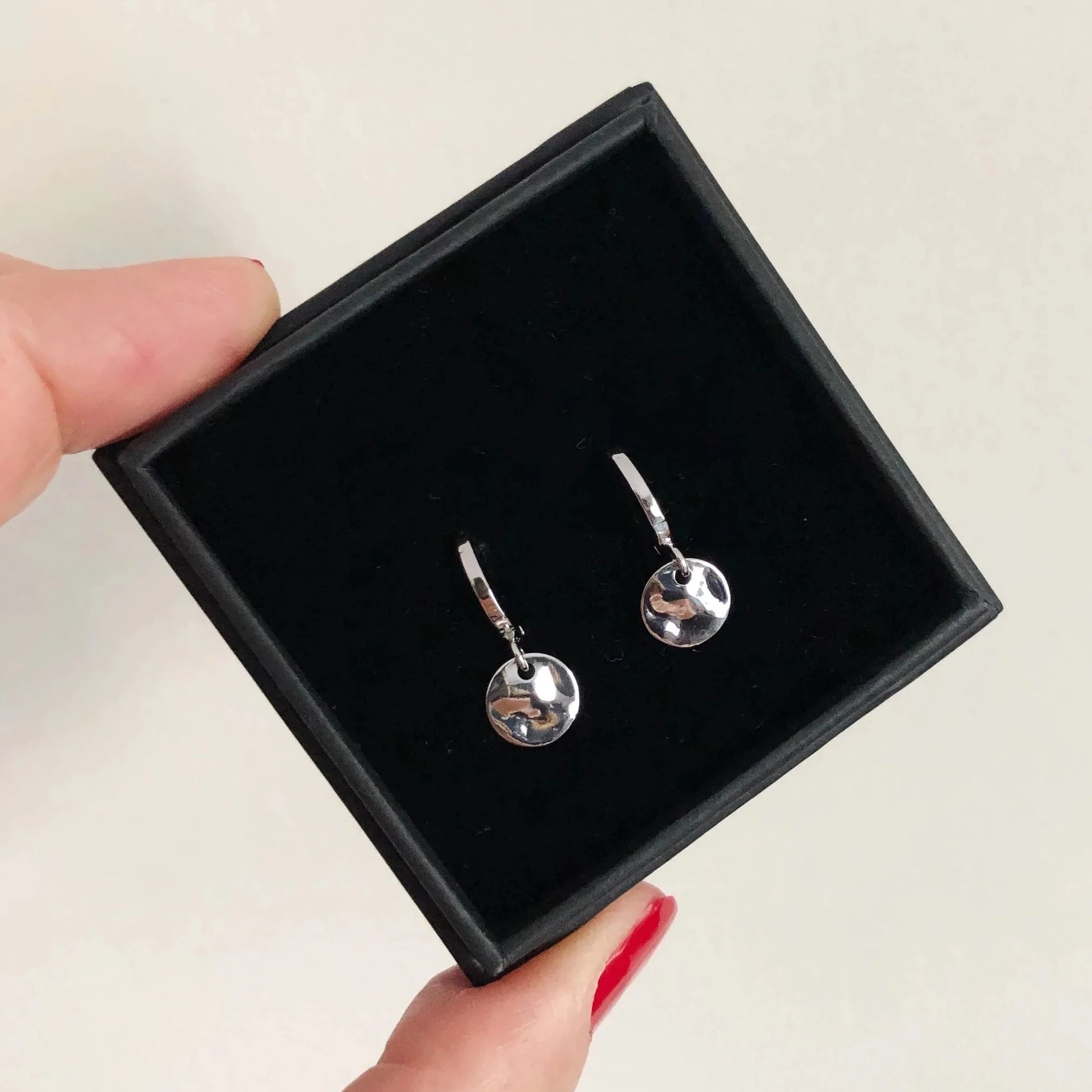 Mini Hoop Hammered Disc Earrings - Silver