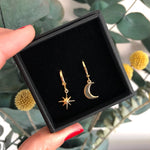 Load image into Gallery viewer, Mini Hoop Moon &amp; Star Earrings - Gold
