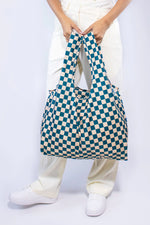 Load image into Gallery viewer, Teal / Beige Checkerboard Reusable Bag - medium
