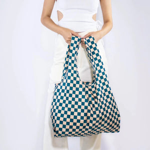 Teal / Beige Checkerboard Reusable Bag - medium