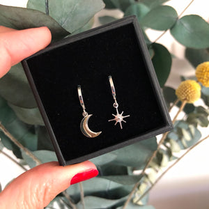 Mini Hoop Moon & Star Earrings - Silver